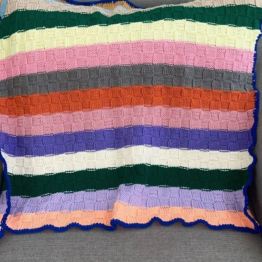 Handmade Multicolor Basketweave Knit Stitch Square Granny Baby Throw Blanket 36”